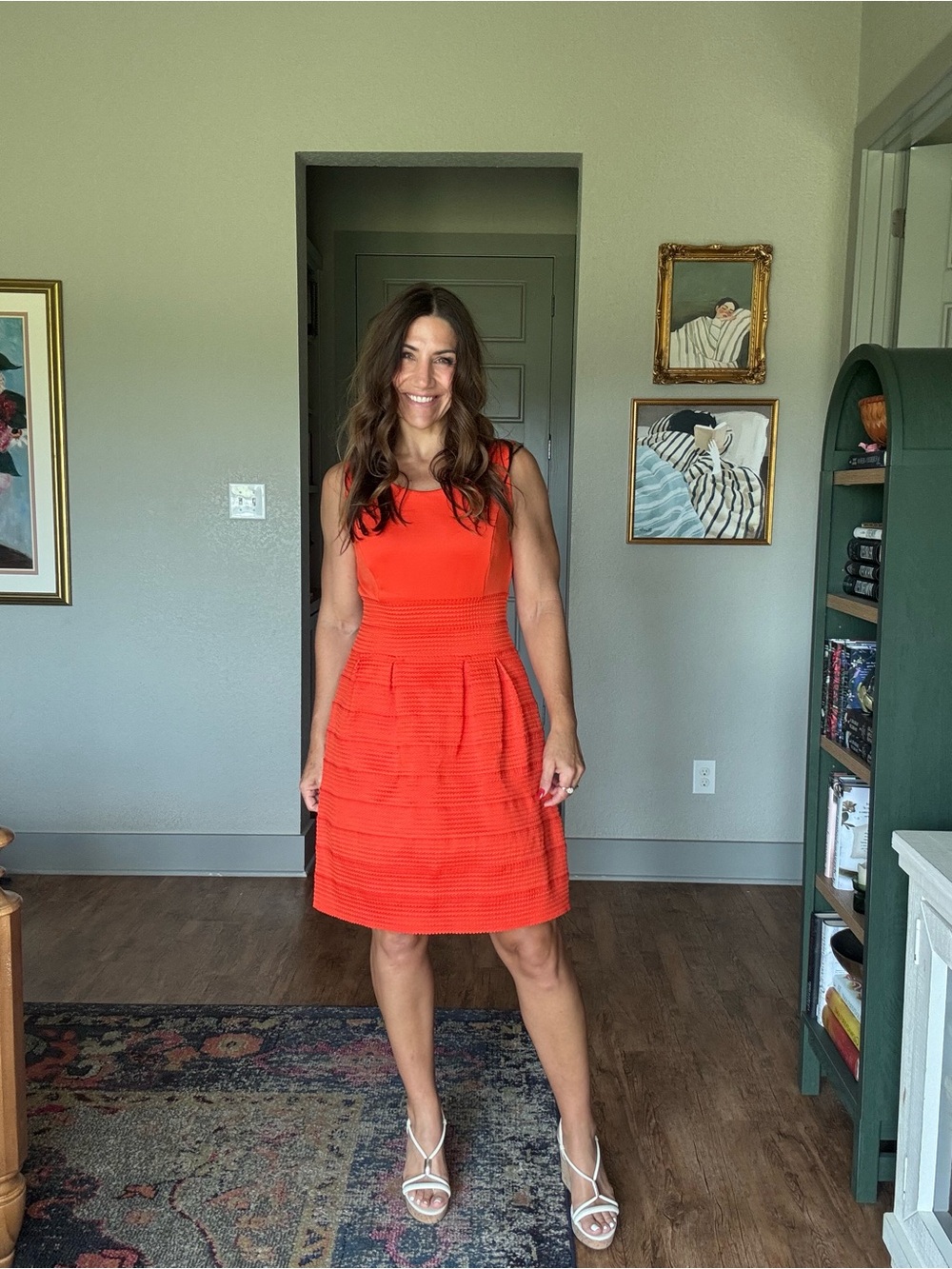New York & Company Orange Fit & Flare Textured Sleeveless Dress Medium